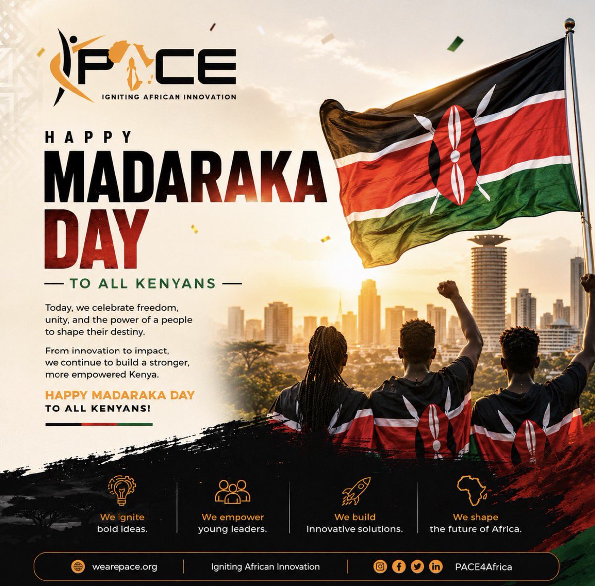 Pace4Africa's tweet photo. Happy #Madaraka Day 🇰🇪 

Kenya’s greatest resource is found in its young people. Every student with an idea, every entrepreneur solving a problem, and every community leader creating opportunities contributes to the nation’s future. 

https://t.co/q8fQhEENbj https://t.co/JIXHH1JqGR