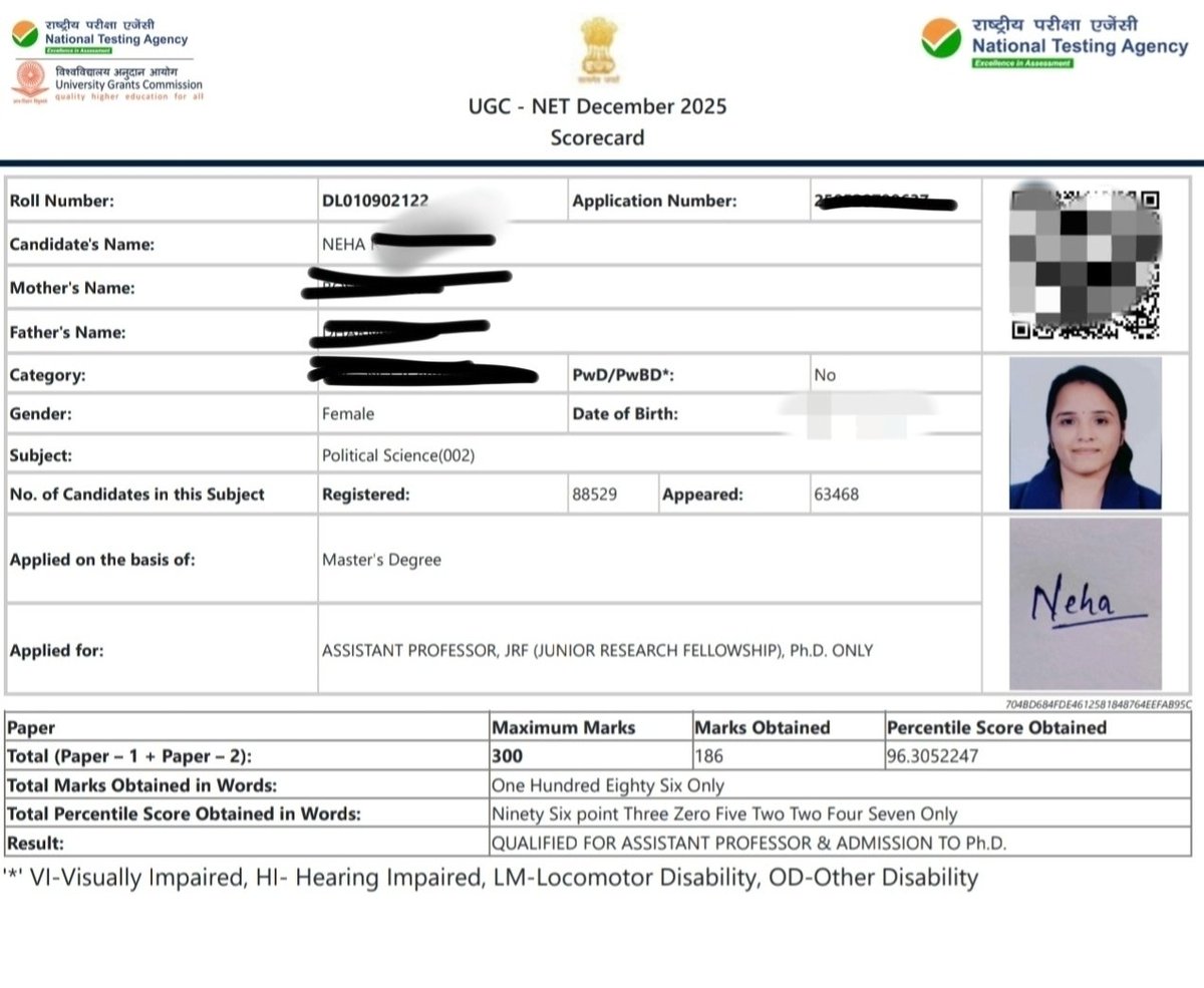 Neha_verma_38's tweet photo. Sharing my UGC NET scorecard.
I have received a number of messages regarding my preparation strategy. If interested, I can share a detailed post on my approach and key takeaways tomorrow. https://t.co/VSCAVVwSTR