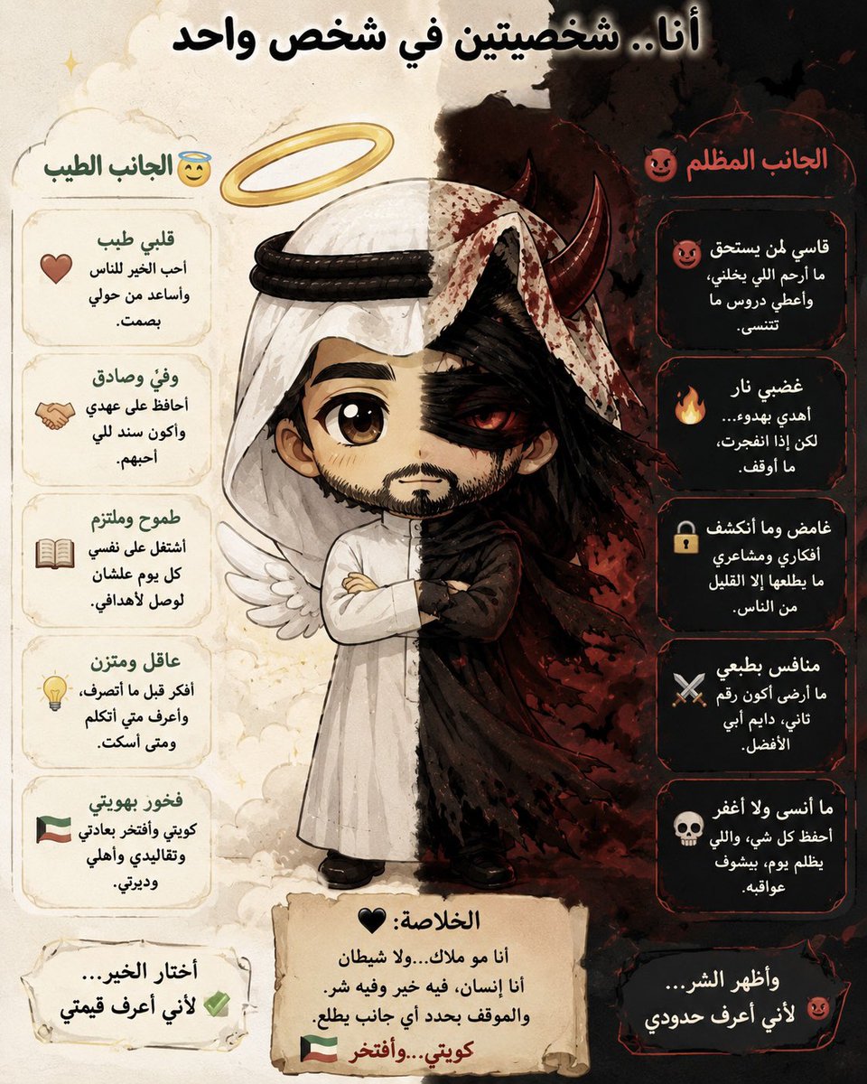 MishariMMB's tweet photo. تبون چذي ؟؟
- حطوا صوركم بـChatGPT
- حطوا هالبرومت: 

😇😈

Give me an image of me with my demon side and my nice side, detailing why in chibi version.
Write in Kuwaiti https://t.co/RsfPjiKmAu