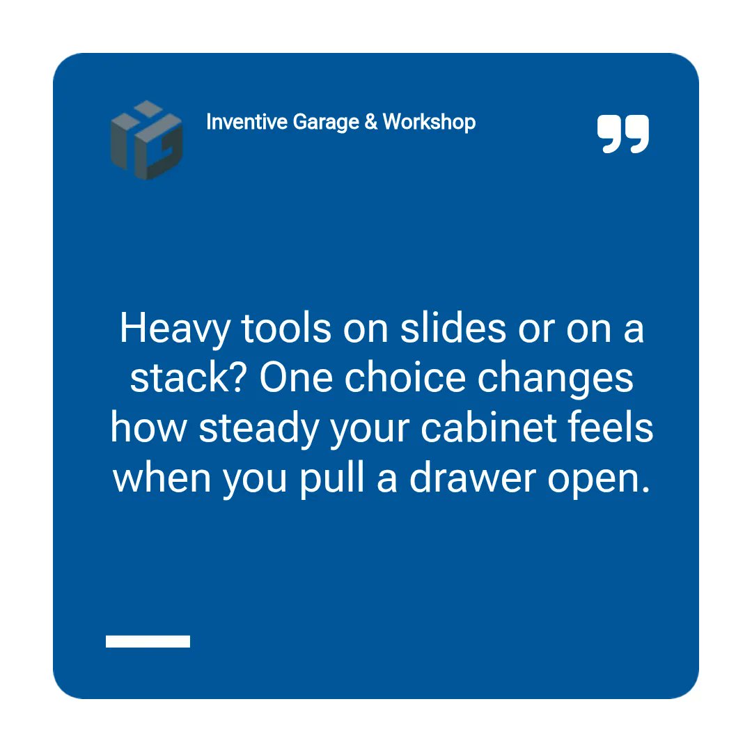 InventiveGarage's tweet photo. Heavy tools on slides—or a stack? That’s the safety-first question we hear every week: “Where do you store heavy tools—on slides or on a stack?” Roller cabinets spread the load drawer-by-drawer, so the cabinet stays more balanced as you pull out heavier items. Chests usually feel https://t.co/z9TdWYJ8Sq