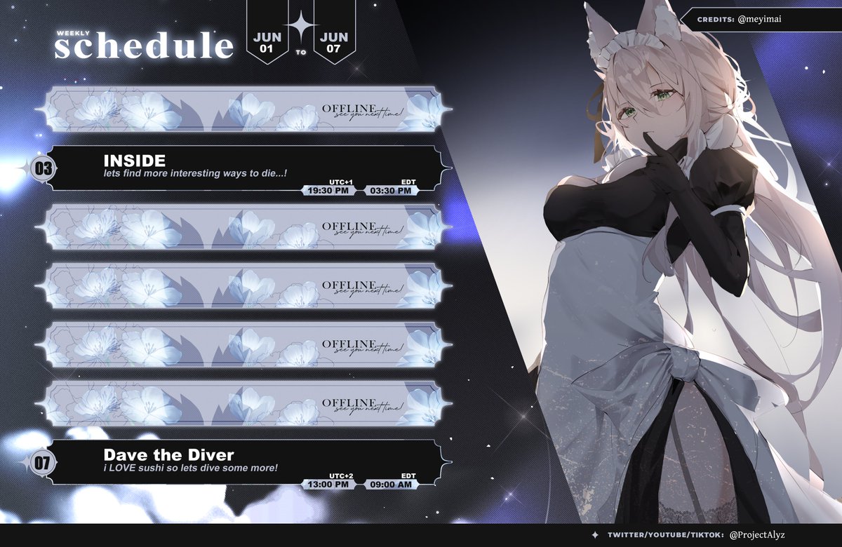 ProjectAlyz's tweet photo. [ stream schedule ]

❥ tuesday 2th june INSIDE, exploring more ways to die...!? im sorry kid...
❥ sunday 7th june DAVE THE DIVER, i love sushi so lets dive some more!!

07:30 PM UTC+1/CET! on 🟣 site! https://t.co/8CB7XHAVnu