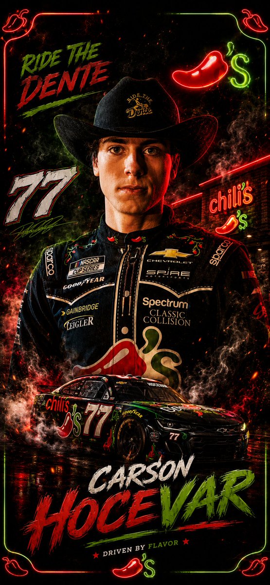 ChernobylMIW's tweet photo. For my fellow @CarsonHocevar fans. I made this edit for a phone wallpaper. Yes I used the help of AI to add the neon border, smoke effect and Chili's in the background. Hope y'all like it. https://t.co/92in0gRiSD