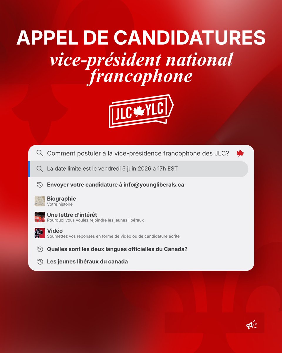 ylc_jlc's tweet photo. Le conseil national des JLC accepte maintenant les candidatures pour le poste de vice-président(e) national(e) intérimaire, francophone. Soumettez une biographie, une lettre d’intérêt et/ou une vidéo à info@youngliberals.ca avant le vendredi 5 juin à 17 h HNE. https://t.co/EdpZA5ot0K