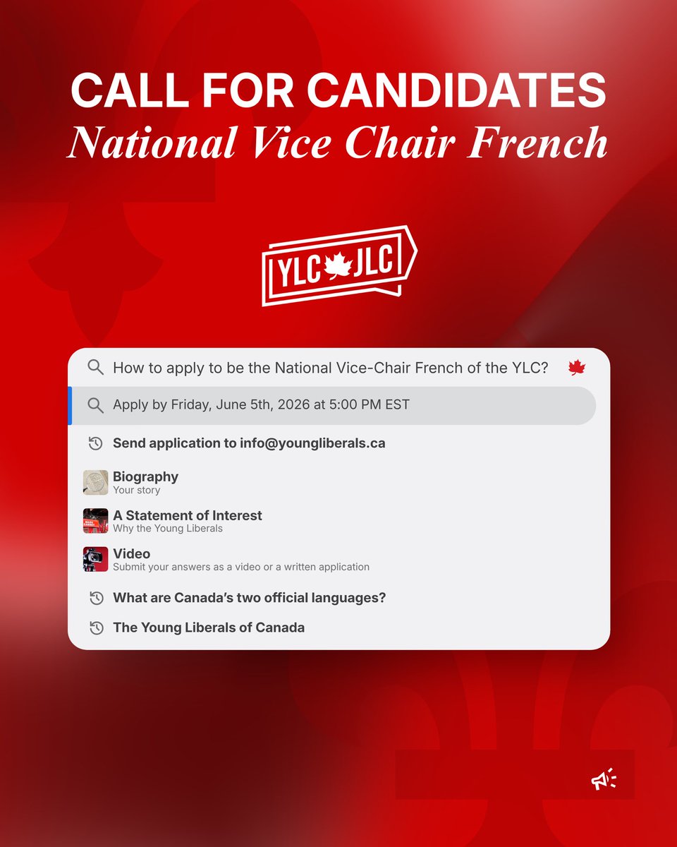 ylc_jlc's tweet photo. The YLC National Board is now accepting applications for Interim National Vice-Chair, French. Submit a biography, statement of interest, and/or video to info@youngliberals.ca by Friday, June 5th at 5:00 PM EST. https://t.co/BaWyf4zUYT