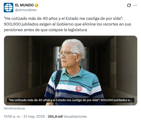 ElDelCupon's tweet photo. Hoy ha publicado El Mundo un reportaje sobre jubilados que pidieron la pensión antes del tiempo legal y han perdido ingresos. 

Junto a casos serios, de trabajadores despedidos con cincuentaitantos y por ello cobran poco, hay otros de egoístas. 

https://t.co/TGUFQwYBIf

1/4 https://t.co/62gD3KwRYC
