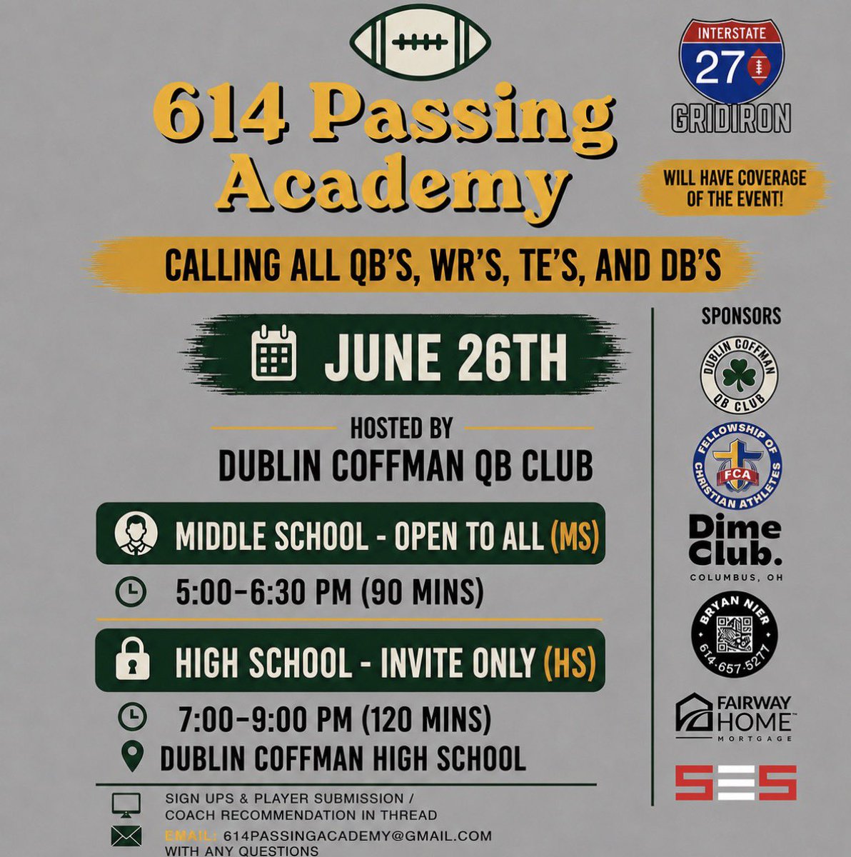 614PassAcademy's tweet photo. The 614 Passing Academy is bringing together some of the top QB's, WR's, TE's, and DB's in Central, OH for a night of competition, development, and exposure.

MS Sign Ups: https://t.co/8AWrIqZoSE
Player Submission: https://t.co/yajO2YF27M  Coaches Recommendation: https://t.co/d7o8aY0zKa 

HS invites coming soon‼️
@Brady_Quinn @270Gridiron @gdowlen3 @coffmanrocksfb @mickdwalker @AllenTrieu @ohsfca @LLC_dimeclub @Mark__Porter @YappiFootball @DispatchAlerts @nbc4i
@NBC4FFN @TheCOHSS @Birm @Bill_Kurelic @MSR_Ohio @OhioCDFCA