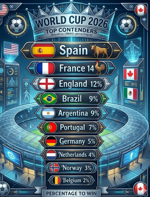 felixomoko's tweet photo. Top 10 teams with chances of winning the FIFA World Cup 2026 ⚽

Spain
France
England
Brazil
Argentina
Portugal
Germany
Netherlands
Norway
Belgium

#sports #FIFAWorldCup https://t.co/XhcbRk2h6k