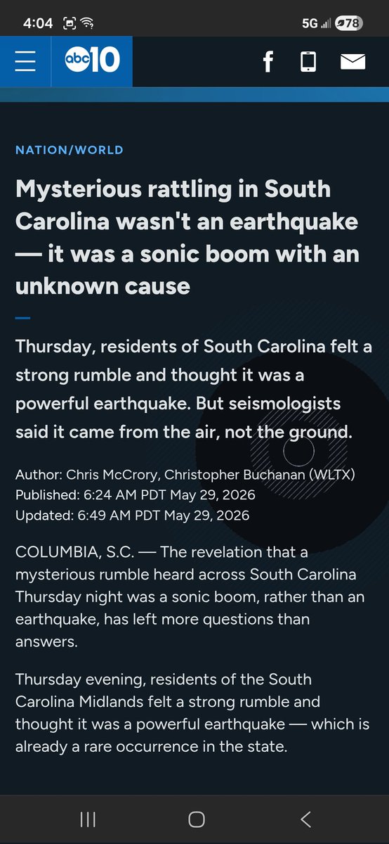 503i7's tweet photo. On 05/29 the entire state of Massachusetts heard a "mysterious sonic boom" 

On 5/30 most of South Carolina heard the exact same sound 

The government has ascribe two different causes for these sounds 

This is incredibly unlikely 

On Tuesday a car exploded on wall street https://t.co/bdvmk9CE1o