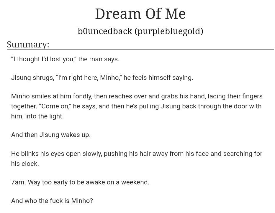 b0uncedback's tweet photo. Dream of Me

- mnsvng 🐿🐰 
- chapter 1/8 
- 6.8k 
- AU, Dreams vs reality, supernatural elements, yearning, angst with a happy ending  (full tags in reply, more to be added)

https://t.co/Lf3gGNZCWS https://t.co/nAgC0YHzYj