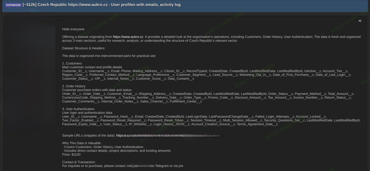 DailyDarkWeb's tweet photo. 🇨🇿 Czech Republic: Aukro User Database Allegedly Offered for Sale

* A threat actor is advertising a dataset allegedly originating from Aukro, one of the Czech Republic's largest online auction and marketplace platforms
* The listing claims to contain approximately 312,000 user records
* Alleged exposed data includes customer profiles, order history, and user authentication-related information
* Sample fields shared by the actor include usernames, email addresses, phone numbers, mailing addresses, account status, purchase history, invoice details, login activity, password reset tokens, two-factor authentication settings, and account security metadata
* The dataset is being offered for sale on an underground forum for approximately $1,100

Analyst Note:
If authentic, the presence of authentication-related fields significantly increases the potential impact of the exposure. Threat actors frequently leverage marketplace datasets for credential stuffing, account takeover attempts, targeted phishing campaigns, and identity fraud. E-commerce and auction platforms remain attractive targets due to the combination of financial transactions, customer data, and account access information.

Daily Dark Web has not independently verified the authenticity of the claims.

#DDW #Intelligence #DarkWeb #Aukro