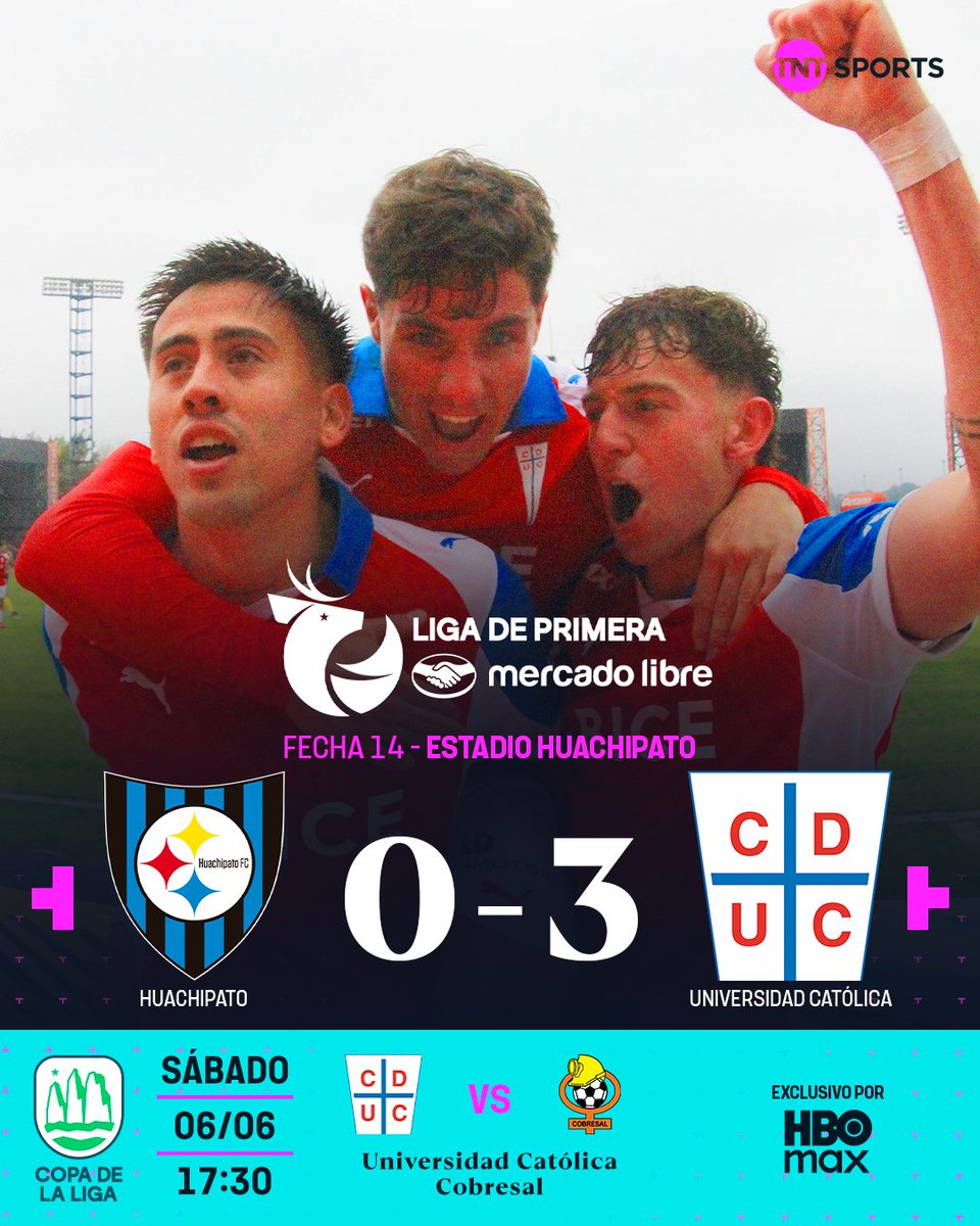 TNTSportsCL's tweet photo. ⚽💥🛡️ ¡TRIUNFAZO DE LA FRANJA!

#LosCruzados se impusieron ante Huachipato, en este #MatchdayDomingo, y se meten de lleno como uno de los escoltas de #ColoColo en la #LigaDePrimeraMercadoLibre 2026.

Clemente Montes, Justo Giani y Diego Corral marcaron para la goleada de La UC en Talcahuano.

Universidad Católica vs. Cobresal por la #CopaDeLaLiga2026 va en exclusivo y en Full HD por HBO MAX. ¿Tienes TNT Sports Premium? Entonces inicia sesión con tu operador y disfrútalo sin costo extra. Activa tu acceso en https://t.co/5VBUvOrYDY. 📲