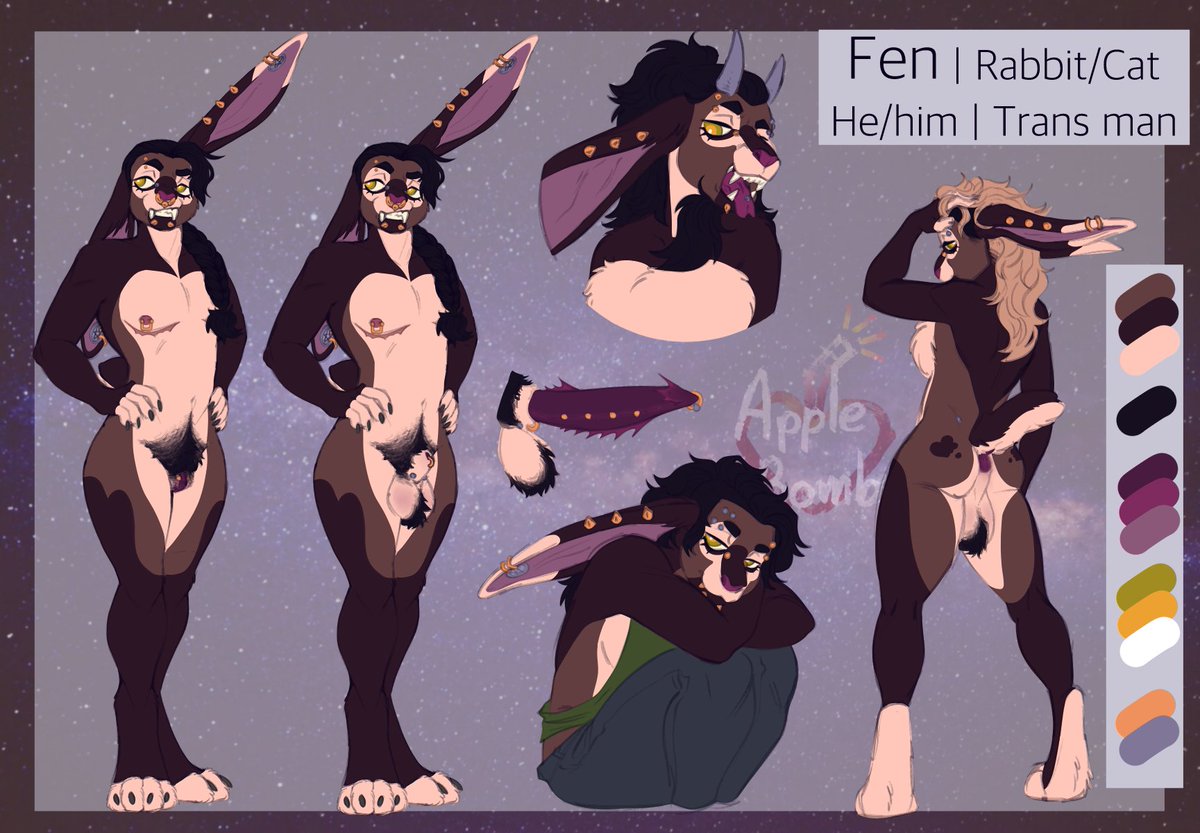 Applebombs's tweet photo. Fen’s nsfw ref :3 he’s my grumpy little guy. He’s also pretty customizable, I like to constantly change his hair and piercings.

#fursona #OC #nsfw https://t.co/OrSvX0Chjr