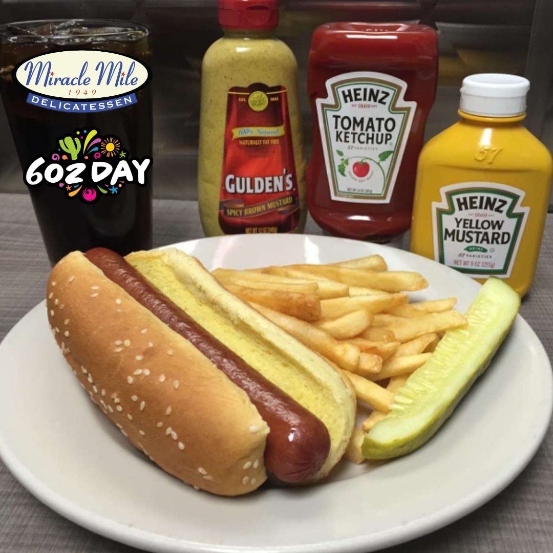 miraclemiledeli's tweet photo. Celebrate 602 Day with us this Tuesday, June 2nd and take advantage of our yummy Hot Dog Special. Enjoy a Hebrew National All Beef Kosher Hot Dog, fries and a small soft drink for just $6.02 for dine in or take out from 11am-7pm! https://t.co/CGQEkemW6w