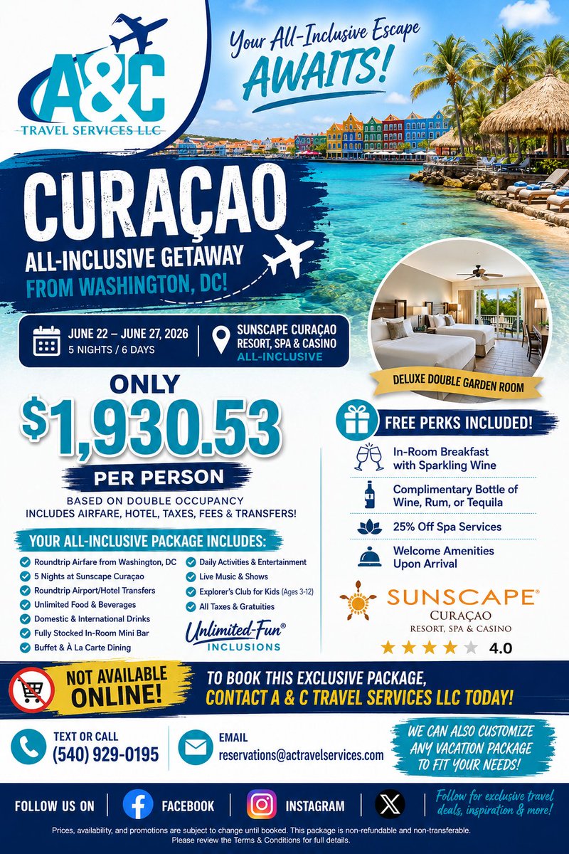 ACTRAVELSERVICE's tweet photo. 🌴 Curaçao All-Inclusive Escape! 🌴
5 Nights at Sunscape Curaçao Resort, Spa &amp; Casino from just $1,930.53 per person (based on double occupancy)! Includes airfare, hotel, transfers, taxes &amp; fees.
🚨 NOT AVAILABLE ONLINE 🚨
📞 (540) 929-0195
📧 reservations@actravelservices.com https://t.co/7OkPvPzJlt