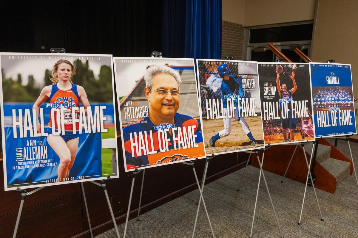 uwp_pioneers's tweet photo. Welcome the UW-Platteville Hall of Fame Class of 2026!
Please join us in congratulating:
* Ann (Tank) Alleman, '12, @UWPlattTrackXC 
* Curt Fatzinger, '79, Service
* Tera (Burr) Meyer, '09, @UWPlattSoftball 
* Jeff Skemp, '09, @UWPlattMBB 
* 1970 @UWPlattFootball  Team https://t.co/apP3uDxfDG