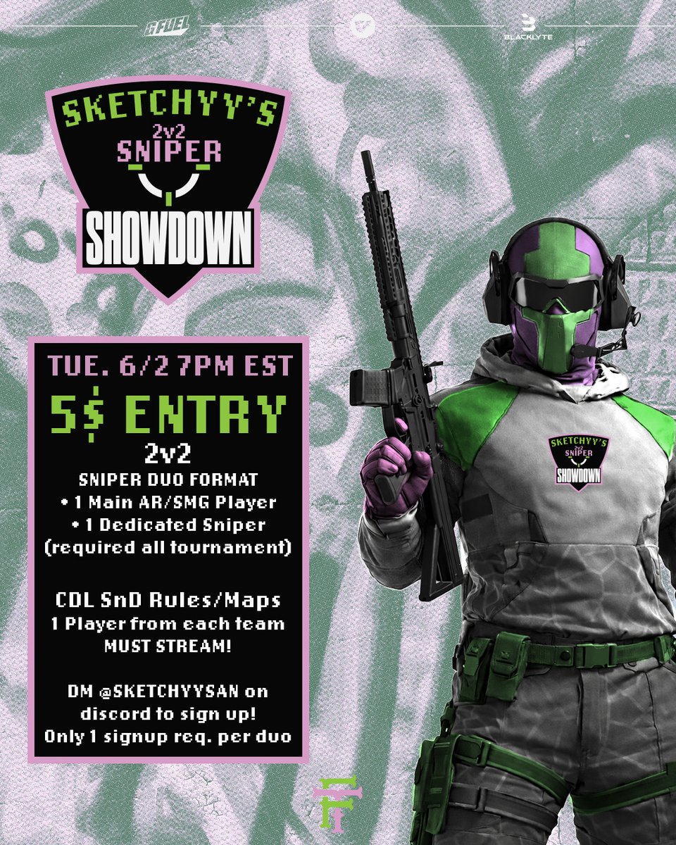 FT_CODLeague's tweet photo. 🚨 NEW WEEKLY TOURNAMENT SERIES 🚨

We're kicking things off with Sketchyy's 2v2 Sniper Showdown! 🎯

📅 June 2nd @ 7PM EST
💵 $5 Entry per player ($10 per duo)
🔫 1 Dedicated Sniper + 1 AR/SMG
📺 1 Stream Required Per Team
DM @SketchyySan here or on discord to sign up! https://t.co/dOdvj9B1ib