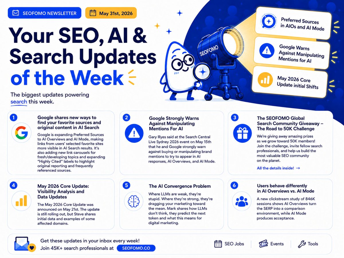 aleyda's tweet photo. 🎁 Your SEO & AI Search Updates of the Week  from #SEOFOMO - May 31st, 2026 👇

* ​Google shares new ways to find your favorite sources and original content in AI Search - Does this mean more traffic from AIOs & AI Mode?

* Google Strongly Warns Against Manipulating Mentions For AI - A timely reminder!

* ​Reddit CEO Says LLMs ‘Would Not Exist’ Without Reddit Data - Learn what changed Reddit’s openness

* ​May 2026 Core Update: Visibility Analysis and Data Updates - Initial core update visibility shifts

* AI Traffic vs AI Citations: What Clicks and Cited Pages Show About the AI Search Journey - Homepages are AI traffic sinks, but not the citation footprint

* Schema, LLMs and the Low Bar for “Evidence” in GEO

* ​Users behave differently in AI Overviews vs. AI Mode - Search type no longer predicts behavior

Including SEO jobs, professionals looking for new roles, events, tools ... and more! 

Read: https://t.co/Y4LkKpJNnk