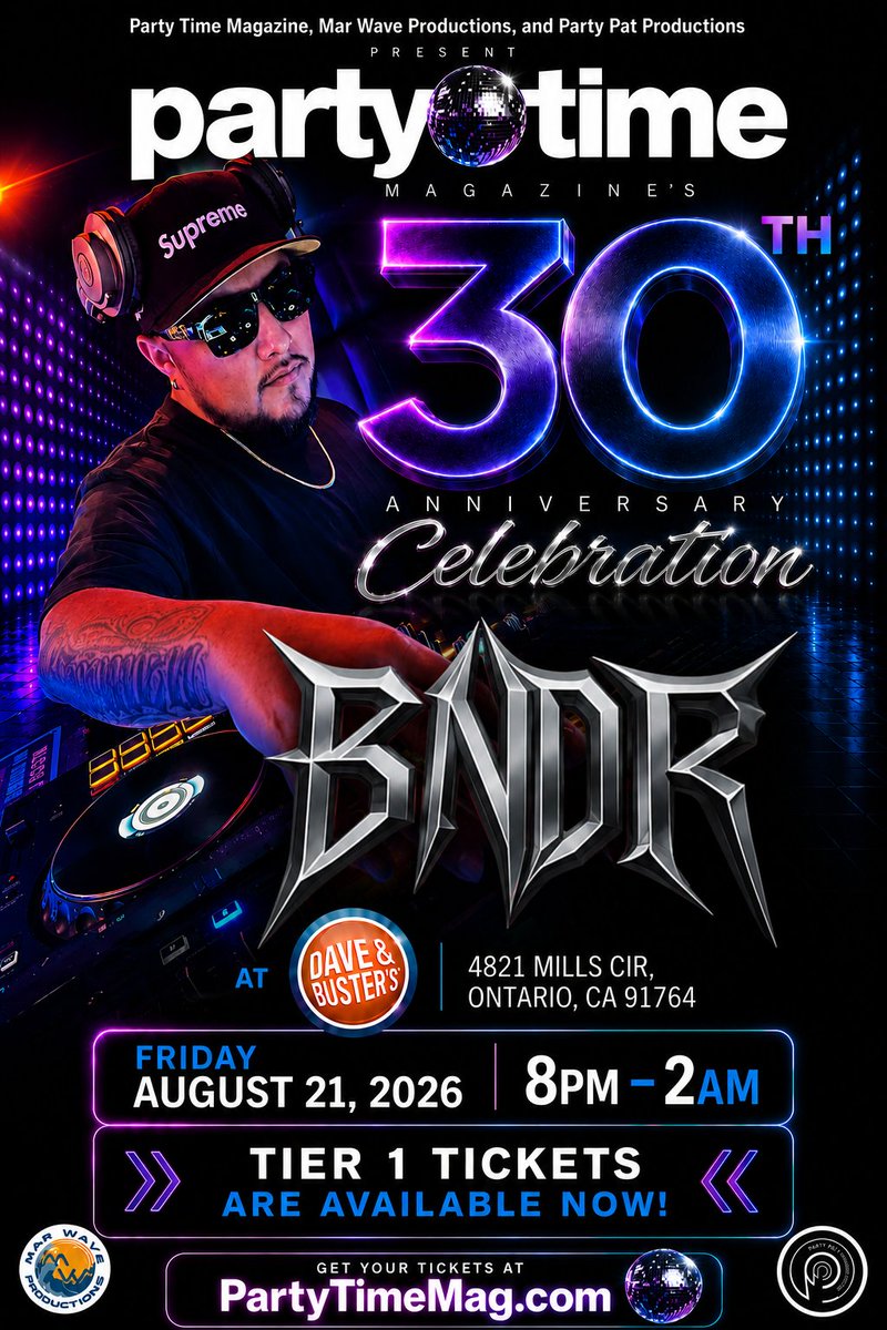 partytimemag's tweet photo. Party Time Magazine
Mar Wave Productions &amp; Party Pat Productions
present

Party Time Magazine's
30 Year Celebration

Hosted by the Godmother of House Music
Womina Wells

Sounds by
Michael Trance
Valos
The One
BNDR

Dave &amp; Buster’s
4821 Mills Cir
Ontario, CA

Friday 8/21
8pm-2am https://t.co/obVbb4Gga7