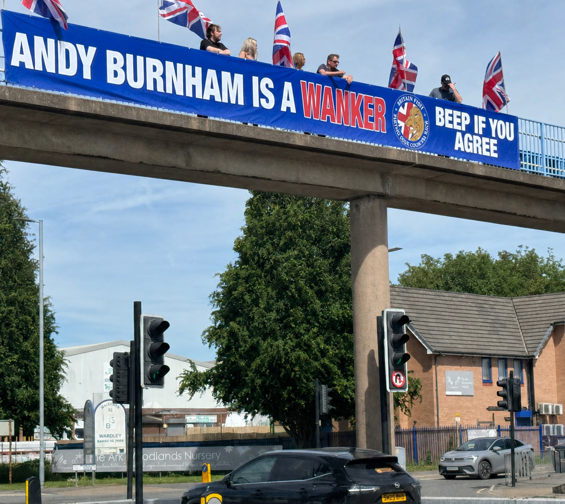 PaulGolding's tweet photo. 'ANDY BURNHAM IS A WANKER' banner coming shortly 🤣🤣🤣🤣🤣🤣🤣🤣🤣 https://t.co/T2FSIdxd4t