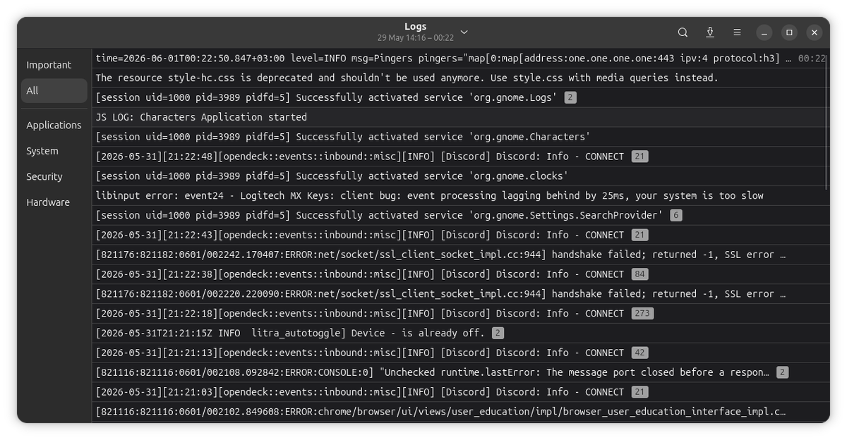 Spurlos89's tweet photo. @ValdikSS The Gnome logs app does something similar in UI (the  number indicates the repeating log messages in a specific timeframe) https://t.co/fwfKxEzgkd
