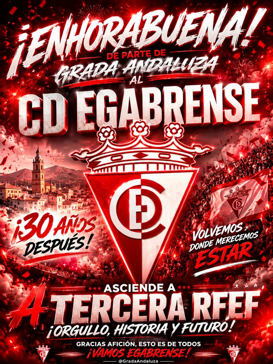 GradaAndaluza's tweet photo. ❤️🤍 30 años después, el @CDEgabrense1924  vuelve al lugar que merece. Tres décadas de espera, sacrificio, trabajo y fidelidad tienen su recompensa: ¡ASCENSO A TERCERA RFEF! 🏆

Cabra vuelve a soñar, vuelve a competir y vuelve a hacer historia. Enhorabuena. ❤️🤍 https://t.co/cuLcmQiyFf