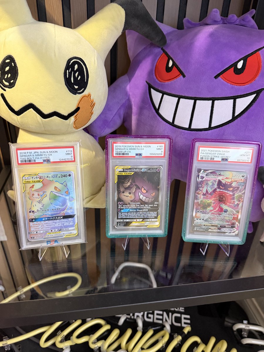 xUnrational's tweet photo. I finally got my hands on a PSA 9 gengar mimikyu alt art. These seem impossible to come by. PSA 9 and 10 pop for these are extremely low and the last month the psa 10 has gone up $4k figure I’m super glad I got this when I did. This is the card I’ve wanted the most since I started collecting.