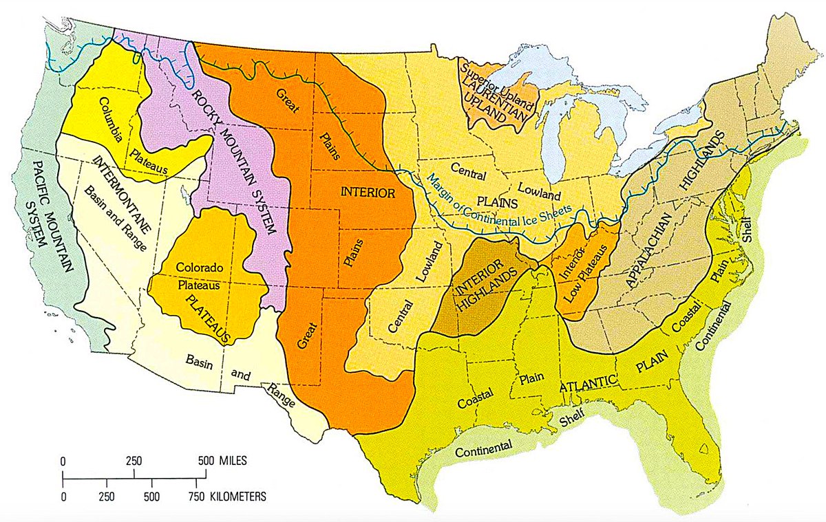 amazingmap's tweet photo. The Major Terrain Regions of the United States (USGS, 1980) https://t.co/UpX7lTa85x
