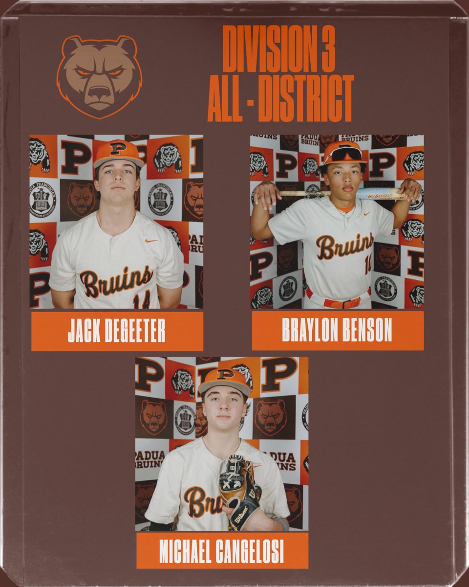 PaduaBruinBB's tweet photo. Congratulations to three of our Bruins who were named to the All - District Team. Senior Jack DeGeeter (Pitcher of the Year), Sophomore Braylon Benson, and Freshman Michael Cangelosi. Congratulations, boys ! https://t.co/zKODI58ctH