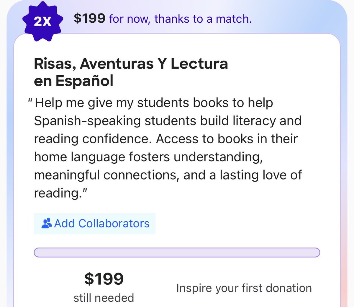 TeachMagicDaily's tweet photo. Still hoping to be able to fund this project before the match ends.😭😭😭

PLEASE help me share for my students. 🙏🏼
Spanish books are always a NEED in our classroom.📚

https://t.co/MeIrICxafM https://t.co/yTqs9o0sx3