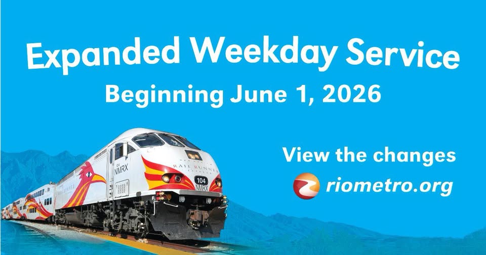 NMRXExpress's tweet photo. Expanded weekday Rail Runner service begins TOMORROW! Starting June 1, 2026:
- New midday southbound train from Santa Fe to ABQ
- Late night service on Thursdays &amp; Fridays
- Train #508 now continues to the Santa Fe Depot
Details: https://t.co/73513iySJ5 https://t.co/exoqkXS28o