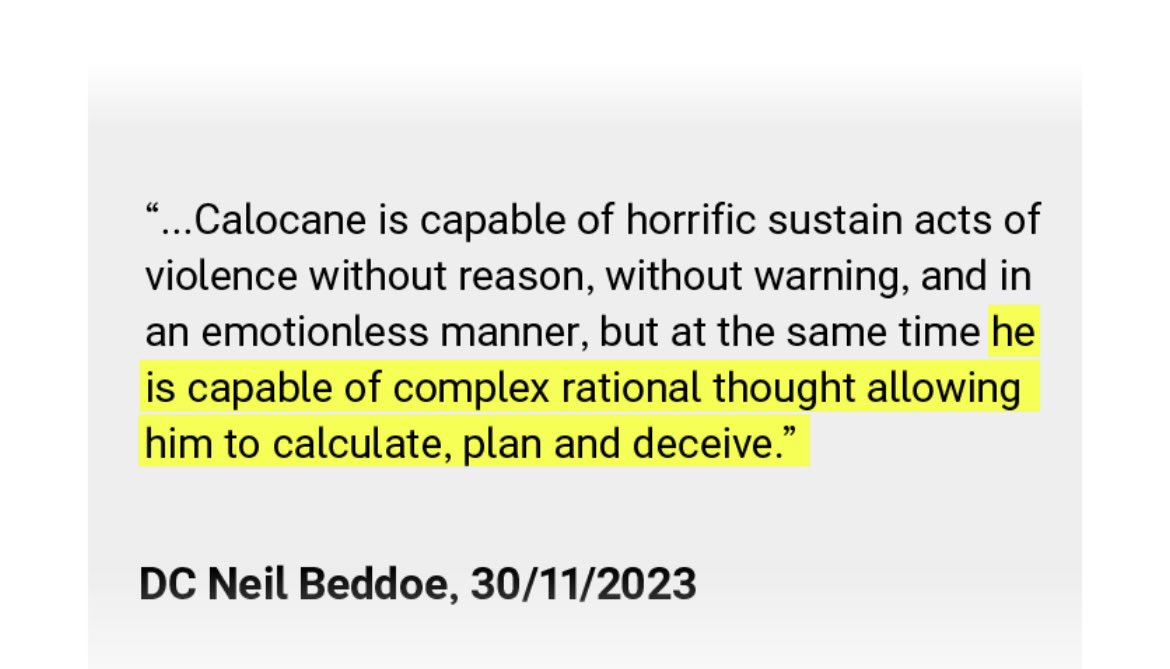 MrsEmmaWebber's tweet photo. ❗️Below are excerpts from the hidden ‘Beddoes’ report.

Police-CPS communication that was hidden pre sentencing on the secret MG6D file (never to be seen).

WHY?? 

Because it evidences the exact opposite of the narrative the CPS had already decided to take. 

That Calocane acted WITH insight and planning of his atrocities. 
Whilst clearly mentally unwell; he knew EXACTLY what he was doing.

He is a murderer and should’ve been tried as such.

Thanks to lazy, prejudiced and misleading evidence by so called ‘expert’ witnesses (Blackwood & Latham step forward for your curtain call..) and coverup by Nottingham Police for their epic level of failures, this monster managed to get away with murder. 

Take the cheap and easy option of a diminished responsibility plea. 
Costs less. 
Sweeps it under the rug. 
And we don’t get called out.

Until there’s a very public inquiry.

Shame on you all……

Leigh Sanders. Kate Meynell. Rob Griffin. Karim Khalil. Alan Murphy. Sam Shallows. Nigel Blackwood. 

#nottinghaminquiry 💛💚