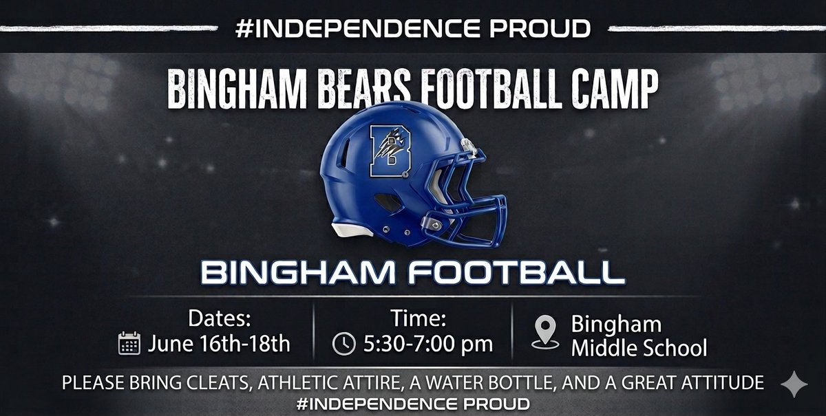 BMSBEARSFBALL's tweet photo. 🐻 Bingham Bears Football Mini Camp 🏈

My staff and I are excited to kick off the summer and begin preparing for an outstanding 2026 season!

If you will be attending Bingham Middle School next year, we invite you to join us for our 3-Night Bingham Bears Football Mini Camp. https://t.co/VU9D7D2ES7