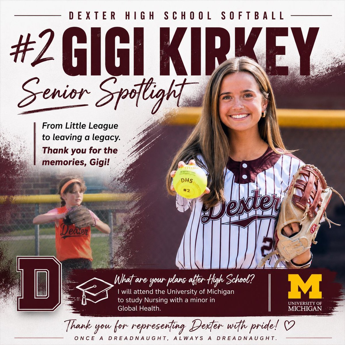 DreadSoftball's tweet photo. 🎓🥎 Senior Spotlight: #2 Gigi Kirkey 🥎🎓

Thank you, Gigi, for the memories, leadership, and the example you've set for younger players in our program. We are proud to have been part of your journey. Can't wait to see all that you accomplish next.

#DexterSoftball #ClassOf2026 https://t.co/bPrXTEaD0E