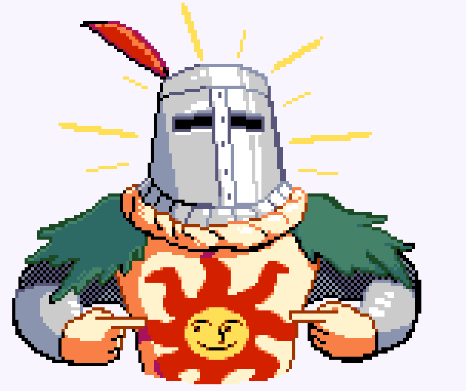 8xviktor's tweet photo. Part 3 of "Drawing Dark Souls characters for pixel art practice": 
Sun bro himself, Solaire!

I forgot about this project lol, I wanted to draw so many more Dark Souls characters but I left it out in the sun (no pun intended) for too long https://t.co/OtAVIbibQD