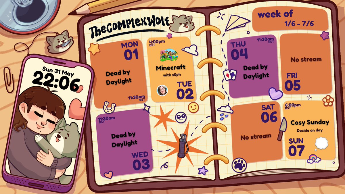 TheComplexWolf's tweet photo. Hanging out with @BeynTv later this week, so slight schedule change! Minecraft with @s0phttv on Tuesday this week, lots of DBD and ending on some cosy Sunday gaming (game TBD) ✨ https://t.co/iCuxPmRse8