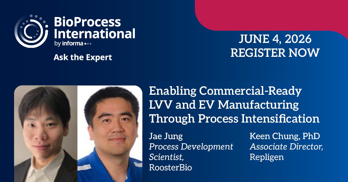 BioProcessIntl's tweet photo. Please join us for a #BPIAskTheExpert on "Enabling Commercial-Ready LVV and EV Manufacturing Through Process Intensification."

Date: Thurs. June 4, 11 AM ET.

Feat: Jae Jung, RoosterBio &amp; 
Keen Chung, PhD, Repligen.

Register Now:
https://t.co/seshR8l7jF https://t.co/k6YTCvGiAO