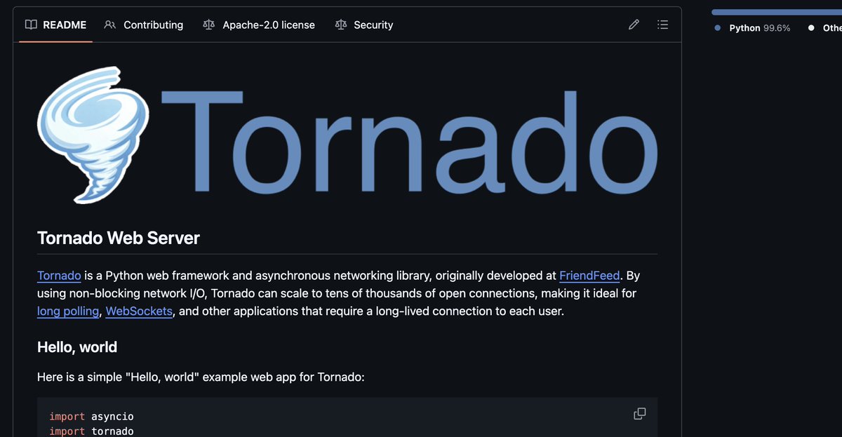 JoeRicardoShow's tweet photo. @TalkPython Tornado is making a come back, starting with a logo update, check it out!

Don't forget, Tornado powers Jupyter notebooks....

https://t.co/bO0HO43t6W

#python #tornado #flask #django #fastapi #pandas #numpy #juypter https://t.co/w4IhTMug1q