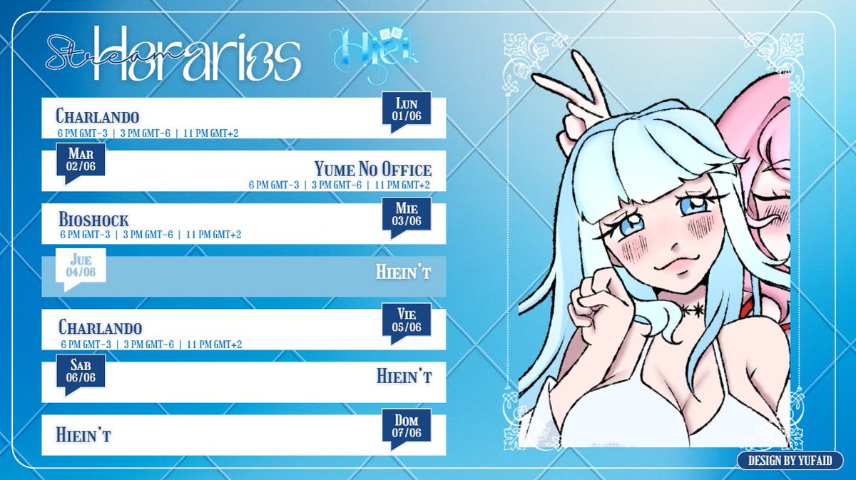 Hiei_VT's tweet photo. ❄️Agenda semanal (01/06 al 07/06) 𖾕𖾝꙼ᩚ𛲕𖾟
ADIOS MAYO, NO TE EXTRAÑARÉ (o sí)
https://t.co/Q6Kadyej0N ₍^. .^₎⟆
Arte mío, combinando con @Leileivt y @nyannvt kyaaa
#VTuber楽曲ランキング | #ESPVTuber | #VtuberSchedule https://t.co/MPGsqm2Pt2