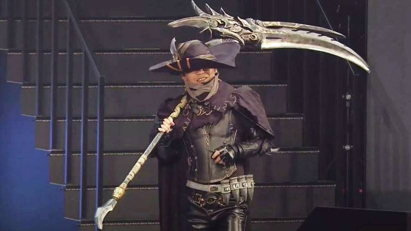 SevDawn's tweet photo. @HLC_actual Final Fantasy XIV producer and director Naoki Yoshida (affectionately known as Yoshi-P to fans) has been cosplaying characters &amp; new job classes for FFXIV at global fan fests for about a decade. This is probably my favorite, the Reaper, from 2021 https://t.co/DQ1GE1lXyF