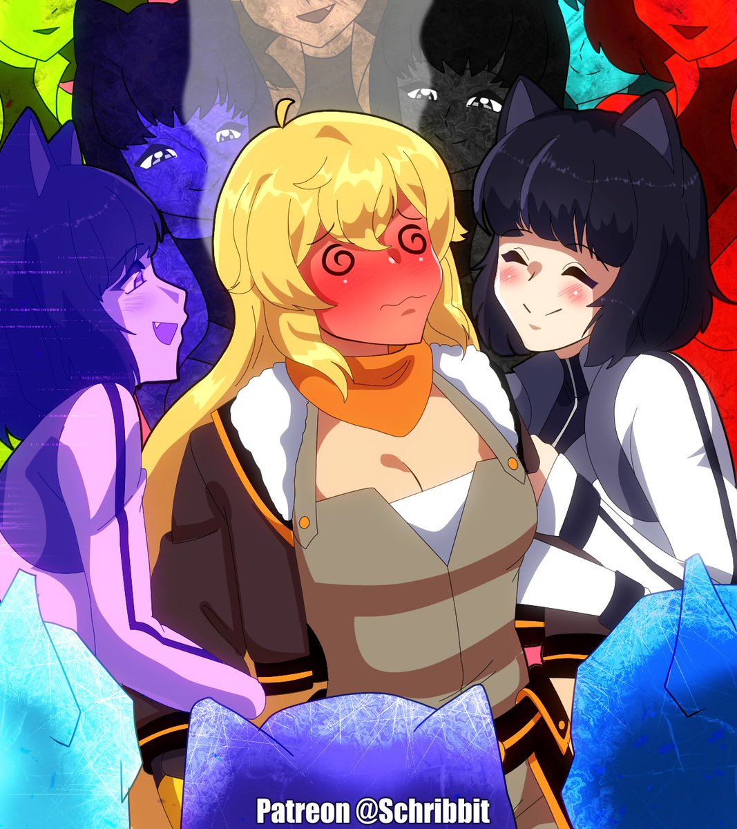 Schrwby's tweet photo. Yang and Blake, and Blake's clones!
(It was that sonic + amy plush meme)
#rwby #rwbyfanart #bmblb https://t.co/kxUOaATr1P