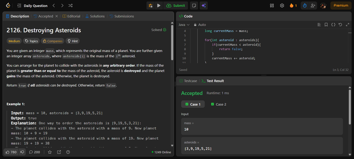VKakad2709's tweet photo. Day 60 of #100DaysOfCodeStarted my journey today! Solved LeetCode problem Destroying Asteroids. Looking forward to coding more every day! #Code #LearningToCode #dsa #Java #100DaysOfCode https://t.co/EXaYQYvmwZ