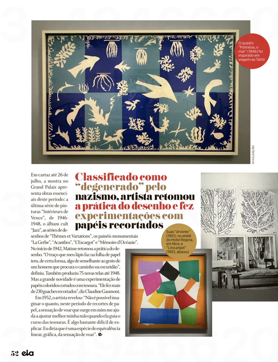 f_eichenberg's tweet photo. Meu texto sobre a grande exposição de Matisse — sua "segunda vida" de fértil criação, após ter ouvido dos médicos que lhe restavam poucos meses para viver — , no Grand Palais, em Paris.
Na Revista ELA, de O GLOBO. https://t.co/Tis10GP9VR