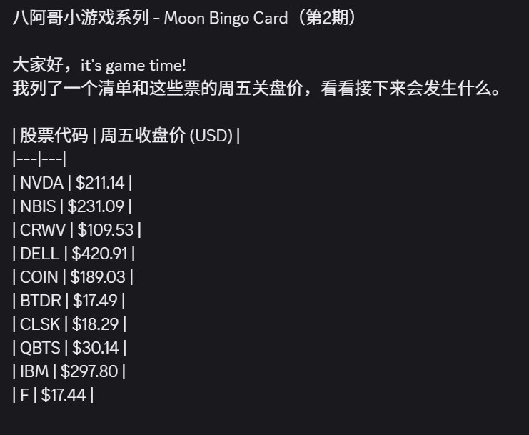 bacon000's tweet photo. 小游戏系列2-Moon Bingo Card
大家好，it's game time!
| 股票代码 | 周五收盘价 (USD) |
|---|---|
| NVDA | $211.14 |
| NBIS | $231.09 |
| CRWV | $109.53 |
| DELL | $420.91 |
| COIN | $189.03 |
| BTDR | $17.49 |
| CLSK | $18.29 |
| QBTS | $30.14 |
| IBM | $297.80 |
| F | $17.44 | https://t.co/wnzZZCYPjJ