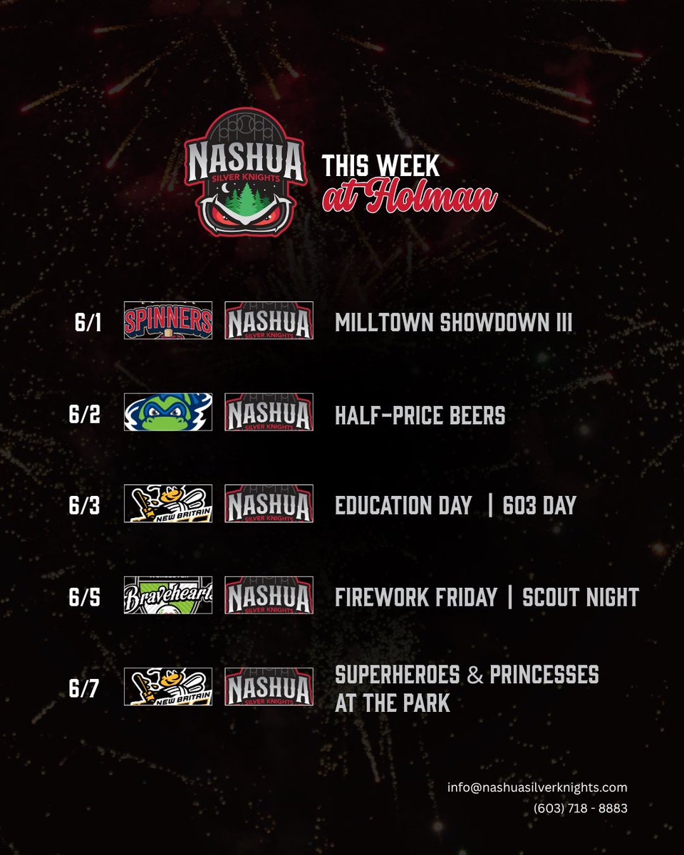 SilverKnightsNH's tweet photo. The Silver Knights are back in action tomorrow, kicking off an exciting week of baseball and promotions at Holman! ✏️🎆👑

Join the fun and grab your tickets today! ⚾️

https://t.co/RJrmFCBEfs https://t.co/Eop44uPguY
