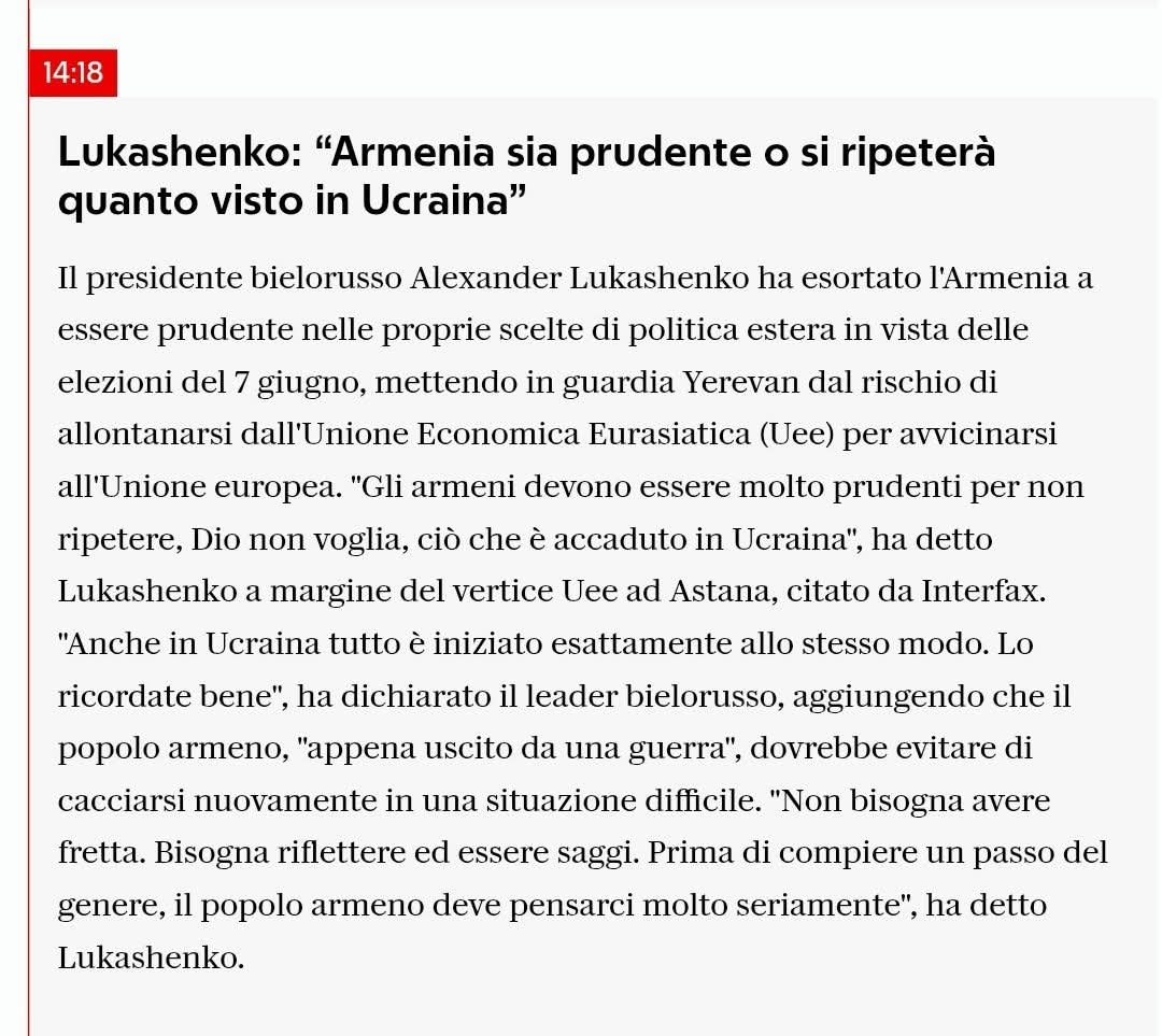 OpachiAndrea's tweet photo. L'Armenia NON ha chiesto l'ingresso nella NATO eppure Putin e Lukashenko la stanno minacciando.

Spero che almeno così sia chiaro a tutti che la barzelletta dell'espansionismo della NATO era ed è una fesseria. https://t.co/k0Gq411JTi