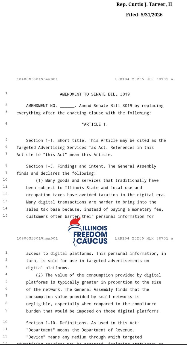 ILFreedomCaucus's tweet photo. BREAKING!🔥 JUST FILED
- The FY27 Revenue Bill was filed moments ago. This 1600 page bill is part of the 3-bill budget package.  

The revenue bill is typically where you will find many of the tax increases tucked away for the coming fiscal year. We'll vote on this 1600 page bill sometime between now and 2AM, if this is even the final version of the bill.  

We expect this bill to contain tax increases on social media/advertising at 10%, betting/predictive markets,  businesses through Federal decoupling, and more.

 The Democrats need to raise $900 million dollars to balance their budget, and this bill is going to help them do it.

This will be tax increase number 58 or higher under @JBPritzker