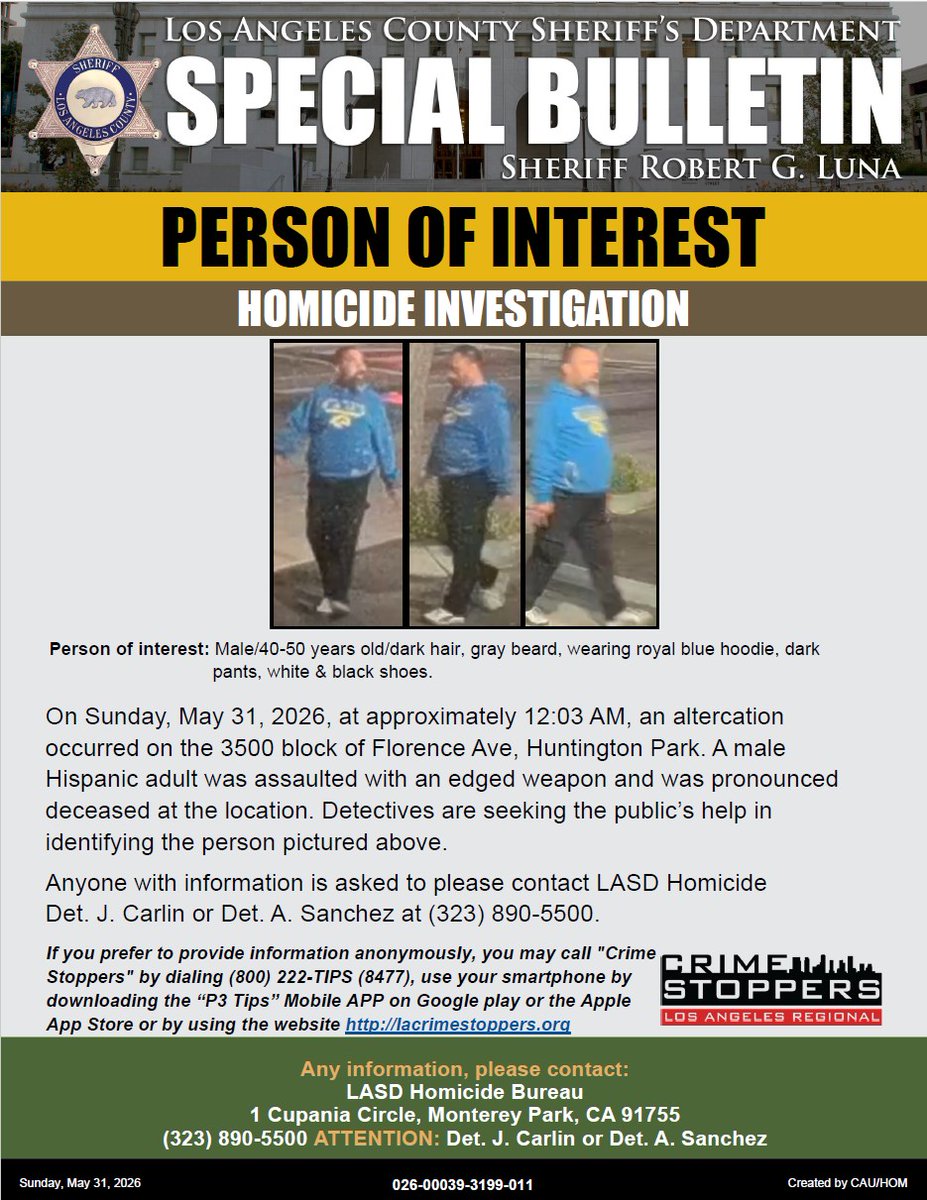 LASDHQ's tweet photo. #LASD Homicide Investigators are Asking for the Public's Help Locating Person of Interest #HuntingtonPark - https://t.co/WIz6zunNmm https://t.co/BiCks9dxKI