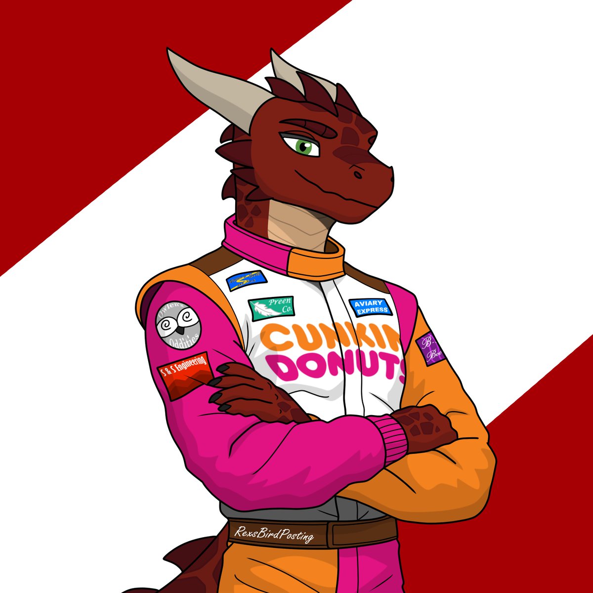 RexsBirdPosting's tweet photo. "I used to be a race car driver, you know."
"Wait, really Dad?"
"Yeah, here- I was L&amp;M Racing's top driver. I was also their only driver, cause... it's my company."

Anyway, not sure who thought having a 7pm race on Sunday was a good idea, but whatever.

#furry #furryart #racing https://t.co/Shc50K0xQZ