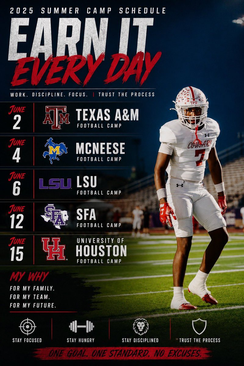 Itz_Sirr's tweet photo. Here’s my camp schedule for this summer. Locked in this summer. Camps. Work. Growth.
@JabaraWilliams 
@Crosby_CougarFB 
@RecruitCrosby https://t.co/1nUT3Lty8Q