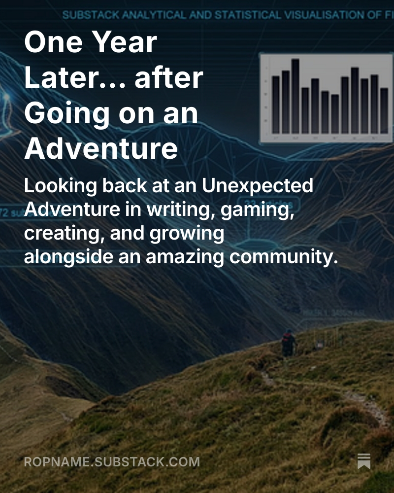 ROPname's tweet photo. Today, after 1 year of posting on substack, I’m looking back at... what started with a simple Gamer Dad Review and became something I never expected.

Read here: https://t.co/gU5Ag6G4Dr

#Substack #GamingCommunity #Writing #GamerDad  #ContentCreation #CreativeJourney https://t.co/p2KErcWtCF